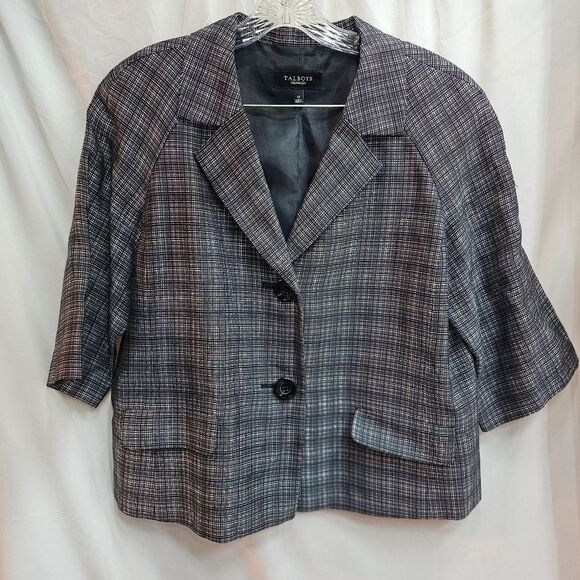 Talbots Black Plaid Quarter Sleeve Button Front Blazer Jacket Size 14 - Picture 3 of 13